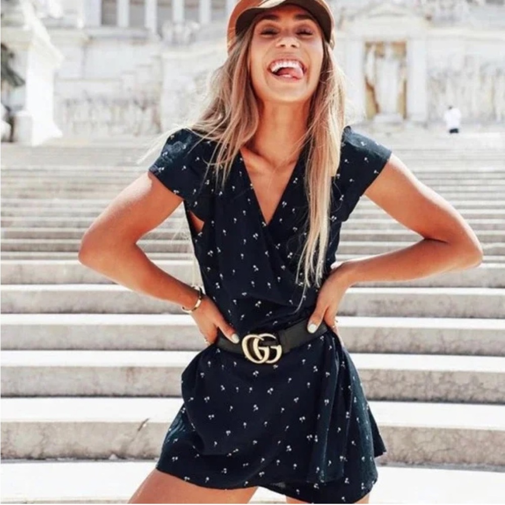 Brandy Melville Navy Small Floral Pattern Navy Wrap‎ Mini Dress OS